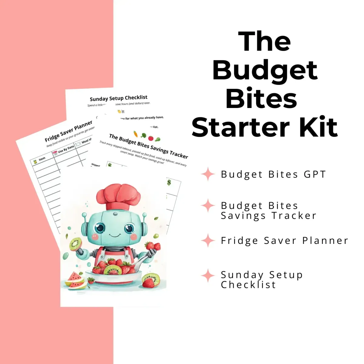 The Budget Bites Starter Kit mockup of a cute chef robot with kiwis and strawberries, and three printable resources, peach column of color on the left side