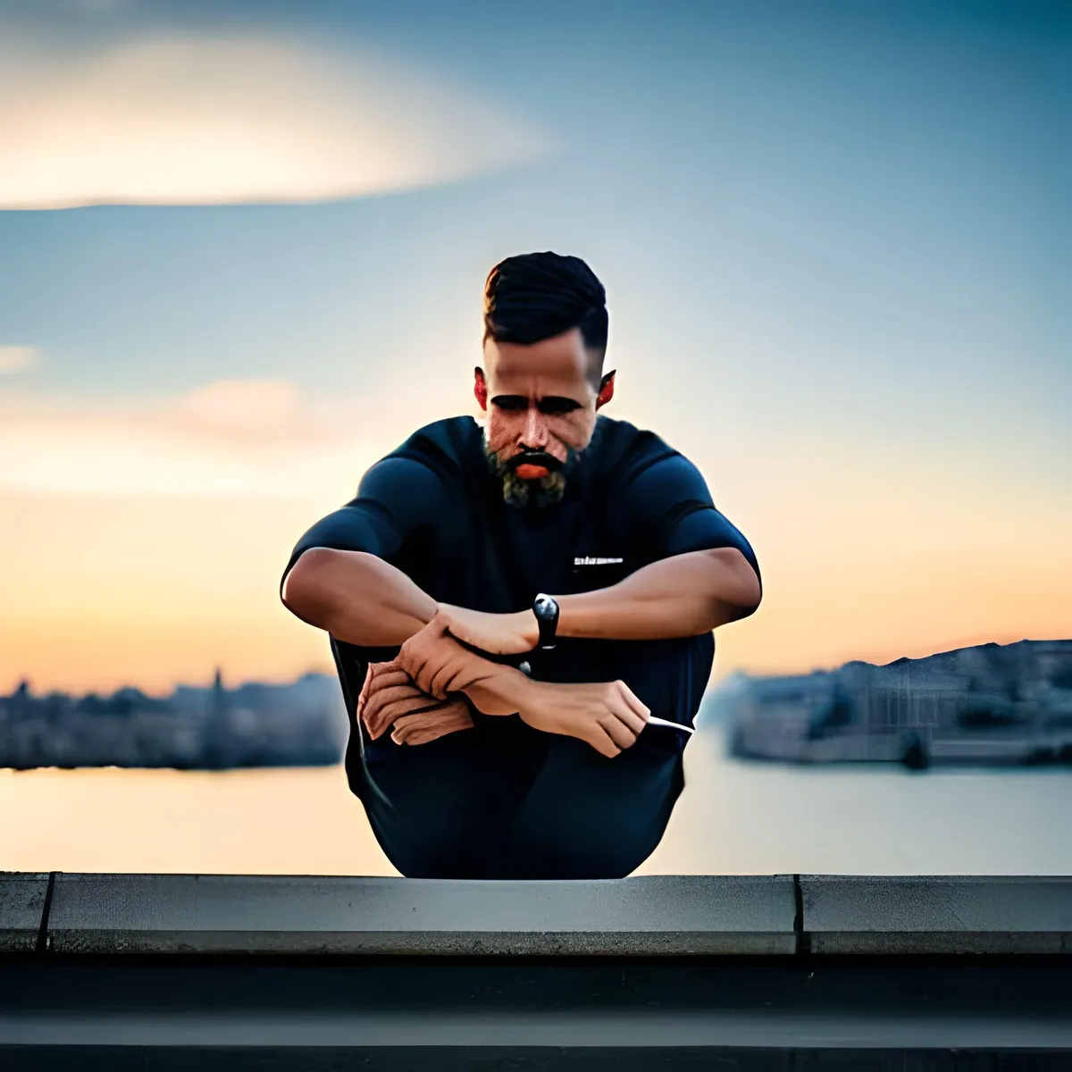 Stressed man sitting alone at sunset, worried about money before learning AI