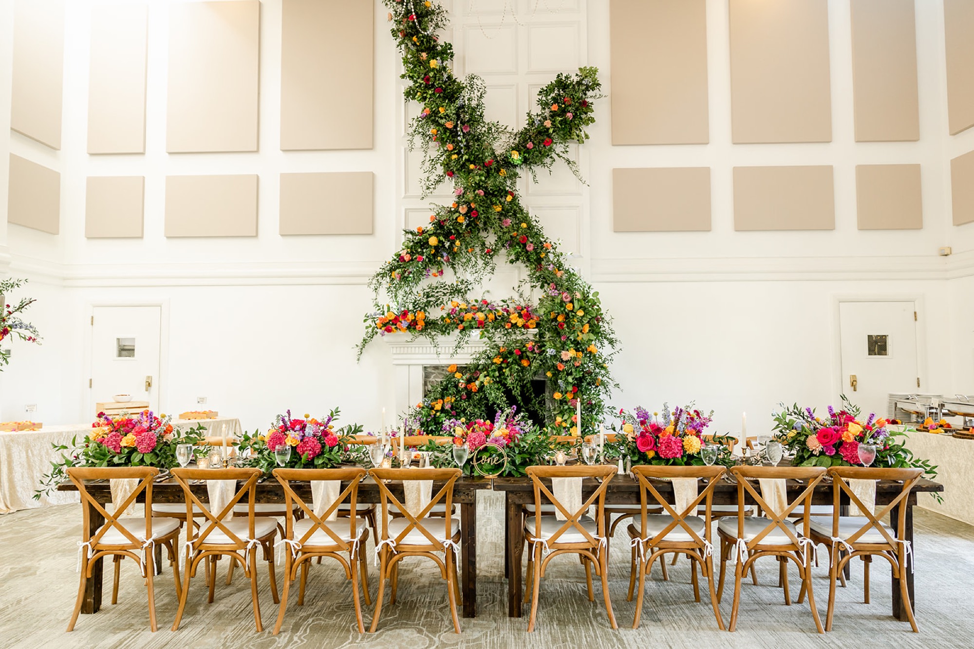 River Run Grand Ballroom head table with cascading florals