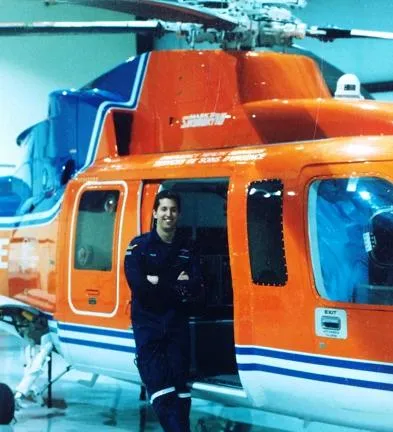 Mike Caldwell as paramedic supervisor with the Ottawa Air Ambulance service, standing beside a rescue helicopter.