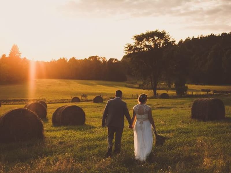 Bride and groom walking together through a field at sunset during a wedding photo session near The Off Grid Ark in Western Quebec, close to Ottawa–Gatineau.