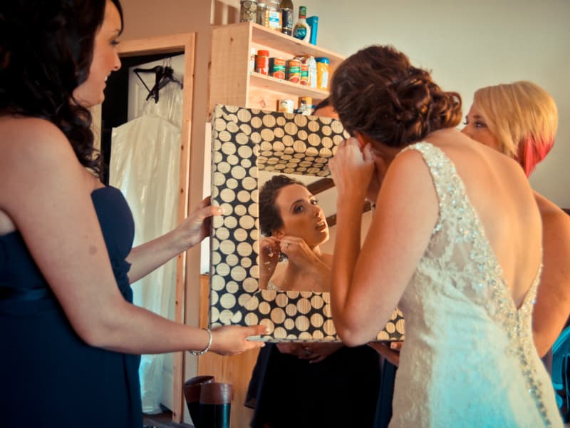 Indoor self-serve wedding bar with spirits, beer, and glassware at The Off Grid Ark near Ottawa–Gatineau.