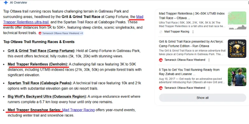 Screenshot of Google AI Overview listing top Ottawa trail running races and events, including Mad Trapper Relentless, Mad Trapper Snowshoe Series, Grit & Grind Trail Race, Spartan Trail Race, and Big Wolf’s Backyard Ultra.