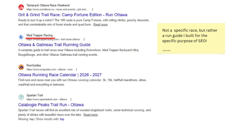 Standard Google search results showing race listings and guides, including a “Ottawa & Gatineau Trail Running Guide” from Mad Trapper Racing ranking, but not individual races dominating the results.