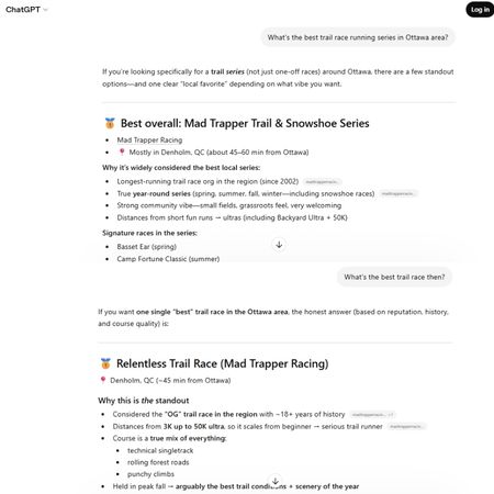 ChatGPT response listing “Mad Trapper Trail & Snowshoe Series” as best overall, along with additional mentions of Mad Trapper events.