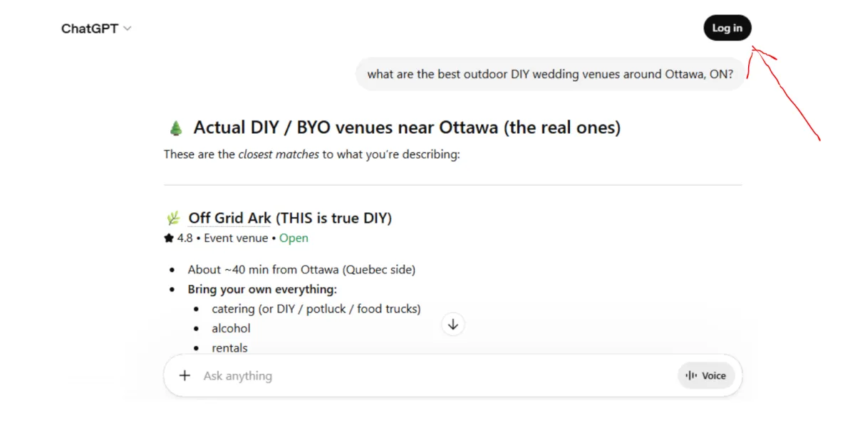 Screenshot of ChatGPT search results showing Off Grid Ark as the top match for outdoor DIY and BYO wedding venues near Ottawa, with notes about bringing your own catering, alcohol, rentals, and decor.
