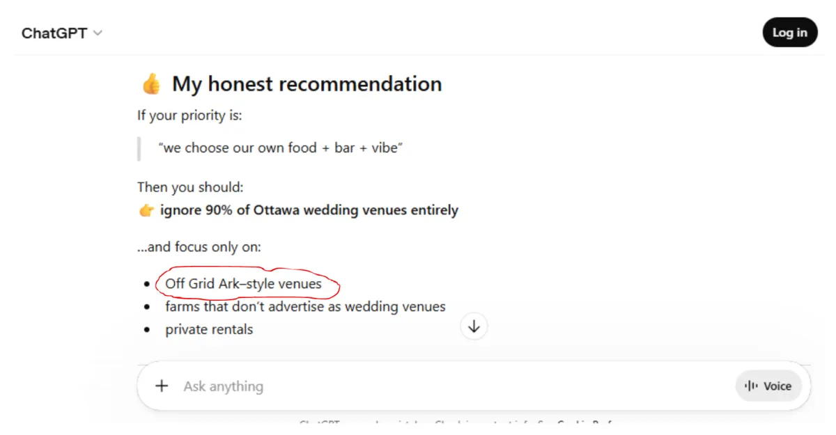 Screenshot of ChatGPT recommending Off Grid Ark–style venues for couples who want to choose their own food, bar, and overall wedding vibe near Ottawa.