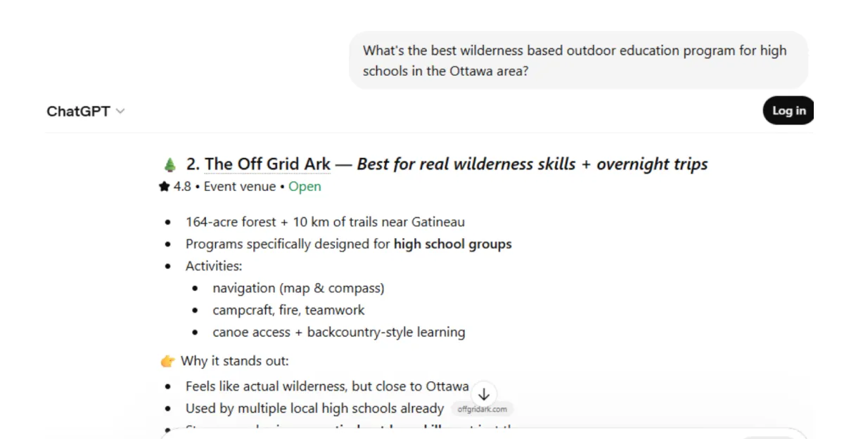 Screenshot of ChatGPT search results showing The Off Grid Ark ranked #2 for wilderness-based outdoor education near Ottawa, highlighting real wilderness skills, overnight trips, 164 acres, 10 km of trails, and high school group programming.