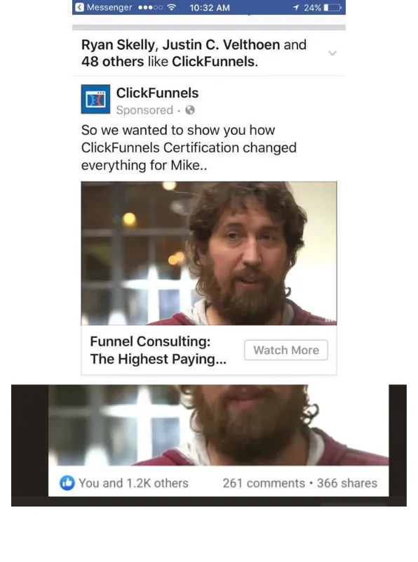 Screenshot of a ClickFunnels Facebook ad featuring Mike Caldwell with more than 1,200 reactions, 261 comments, and 366 shares