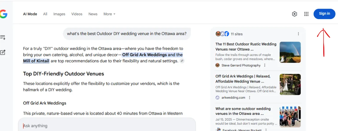 Google AI search result showing Off Grid Ark Weddings recommended as a top DIY outdoor wedding venue near Ottawa