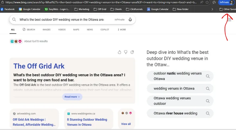 Bing AI search result showing The Off Grid Ark recommended as the best outdoor DIY wedding venue in the Ottawa area