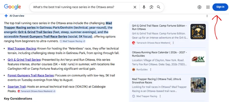 Google AI search result showing Mad Trapper Racing ranked as a top trail running race series in the Ottawa area