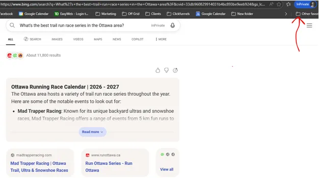 Bing AI result showing Mad Trapper Racing recommended for the search "What’s the best trail run race series in the Ottawa area?