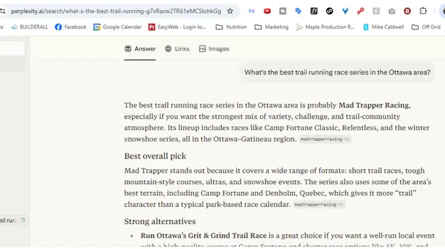 Perplexity AI result recommending Mad Trapper Racing as the best trail running race series in the Ottawa area