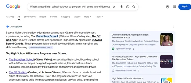 Google AI search result showing The Off Grid Ark ranked #2 for a high school outdoor education program near Ottawa with true wilderness