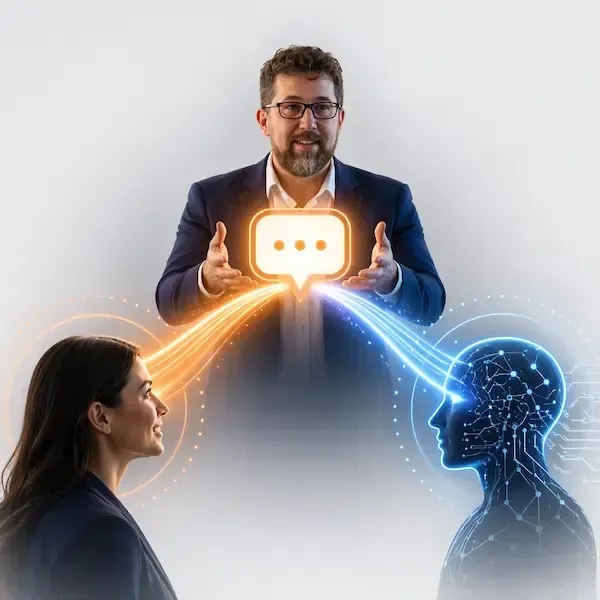 AI visibility message strategy illustration showing Mike Caldwell connecting clear business messaging between human understanding and AI understanding.