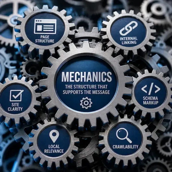 AI visibility mechanics illustration showing site structure, internal linking, schema markup, crawlability, local relevance, and site clarity supporting stronger business understanding.