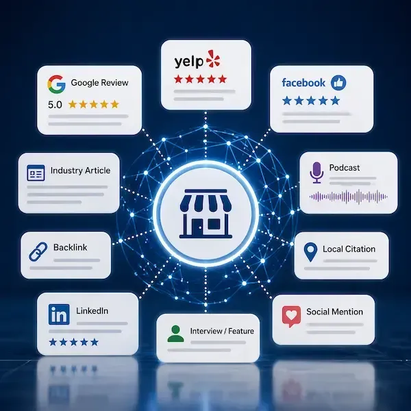 AI visibility mentions illustration showing reviews, backlinks, local citations, podcasts, interviews, articles, social mentions, and LinkedIn signals supporting business credibility and recommendation.
