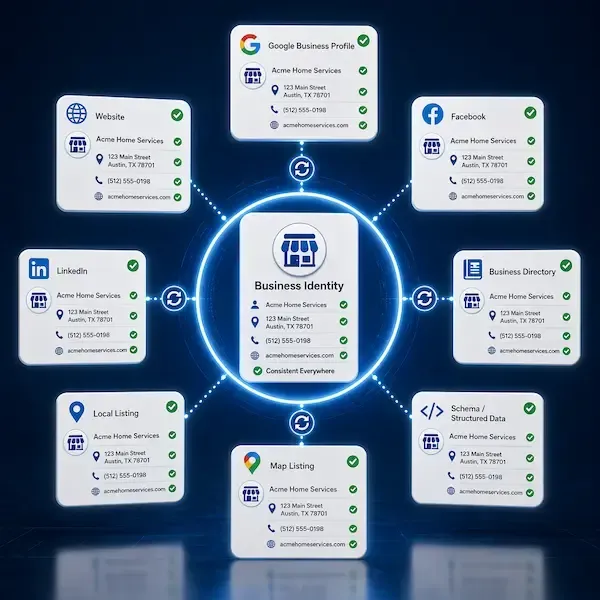AI visibility match illustration showing consistent business identity across Google Business Profile, Facebook, LinkedIn, Apple Maps, Bing Places, website schema, and local listings for stronger AI understanding and recommendation.