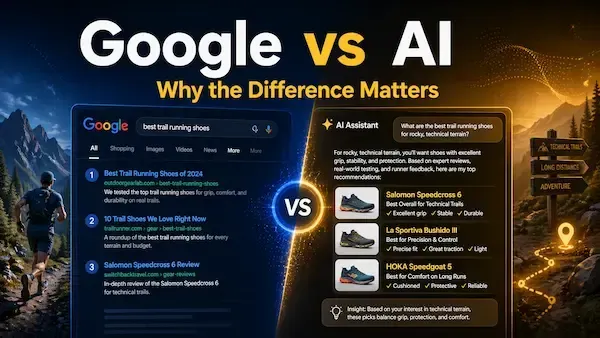 Google vs AI search comparison showing the difference between traditional search rankings and AI recommendations for business visibility