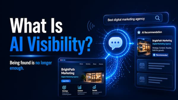 AI Visibility for business graphic showing how clear website content helps AI understand, trust, and recommend a company