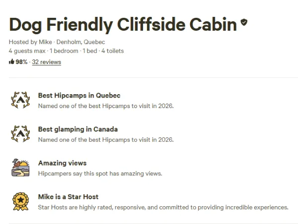 Hipcamp listing for Dog Friendly Cliffside Cabin showing 2026 awards for Best Hipcamp in Quebec and Best Glamping in Canada.