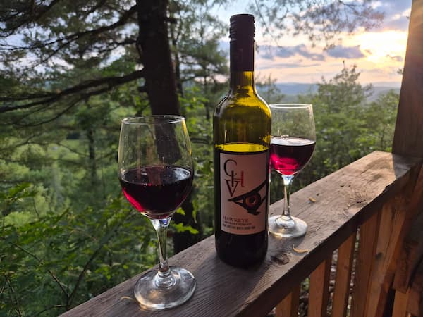 Bottle of wine and two glasses overlooking the forest and distant hills from the Cliffside Camp deck.