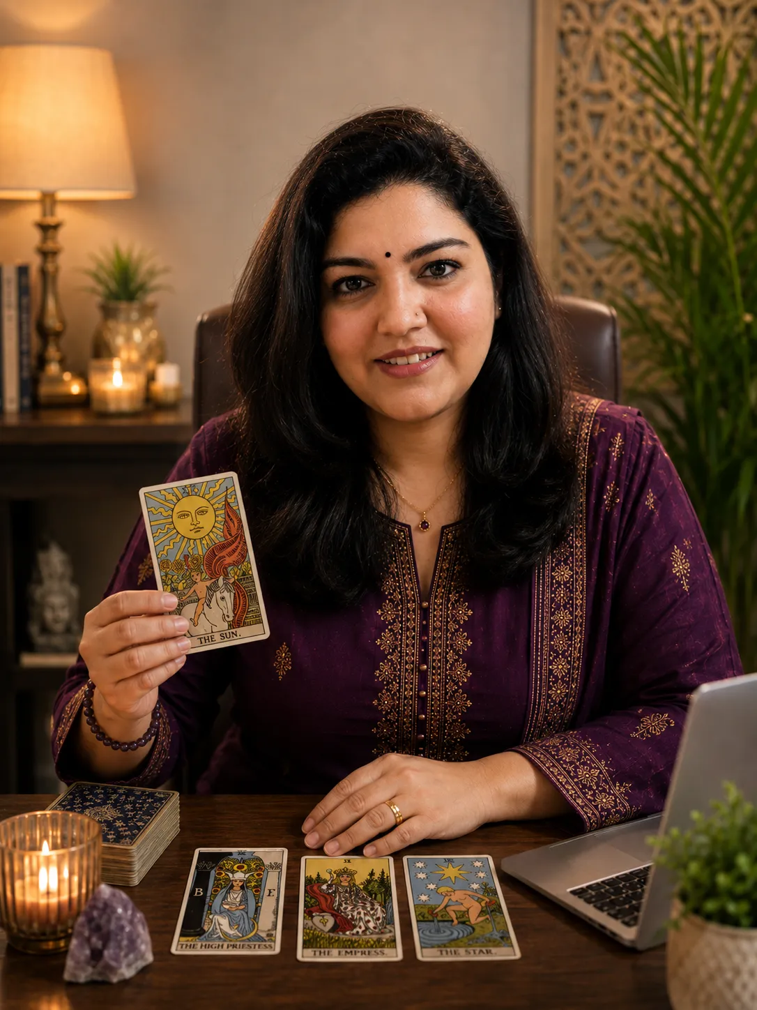 Professional head-and-shoulders portrait of an Indian woman in her thirties, smiling, in business clothing, against a LIGHT softly blurred background