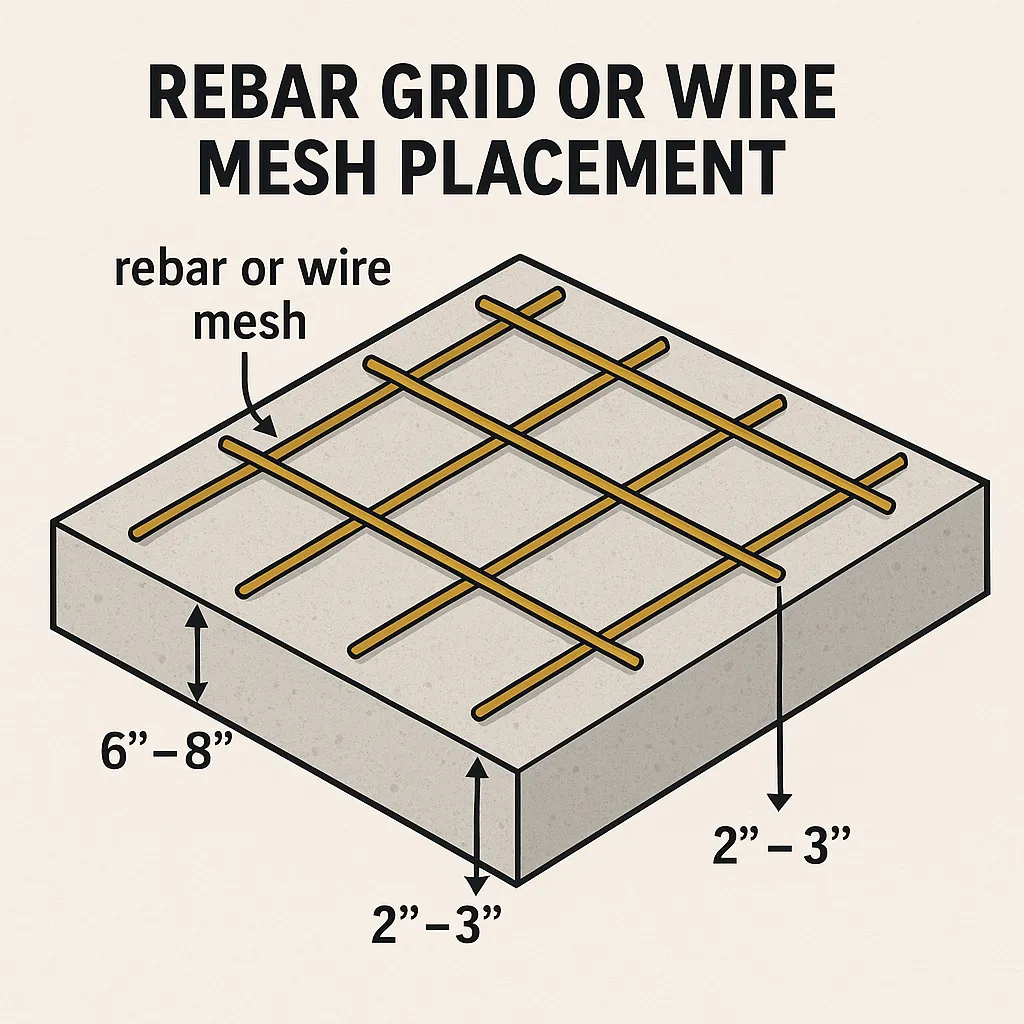 Rebar grid and wooden formwork set for concrete patio slab in Alpharetta
