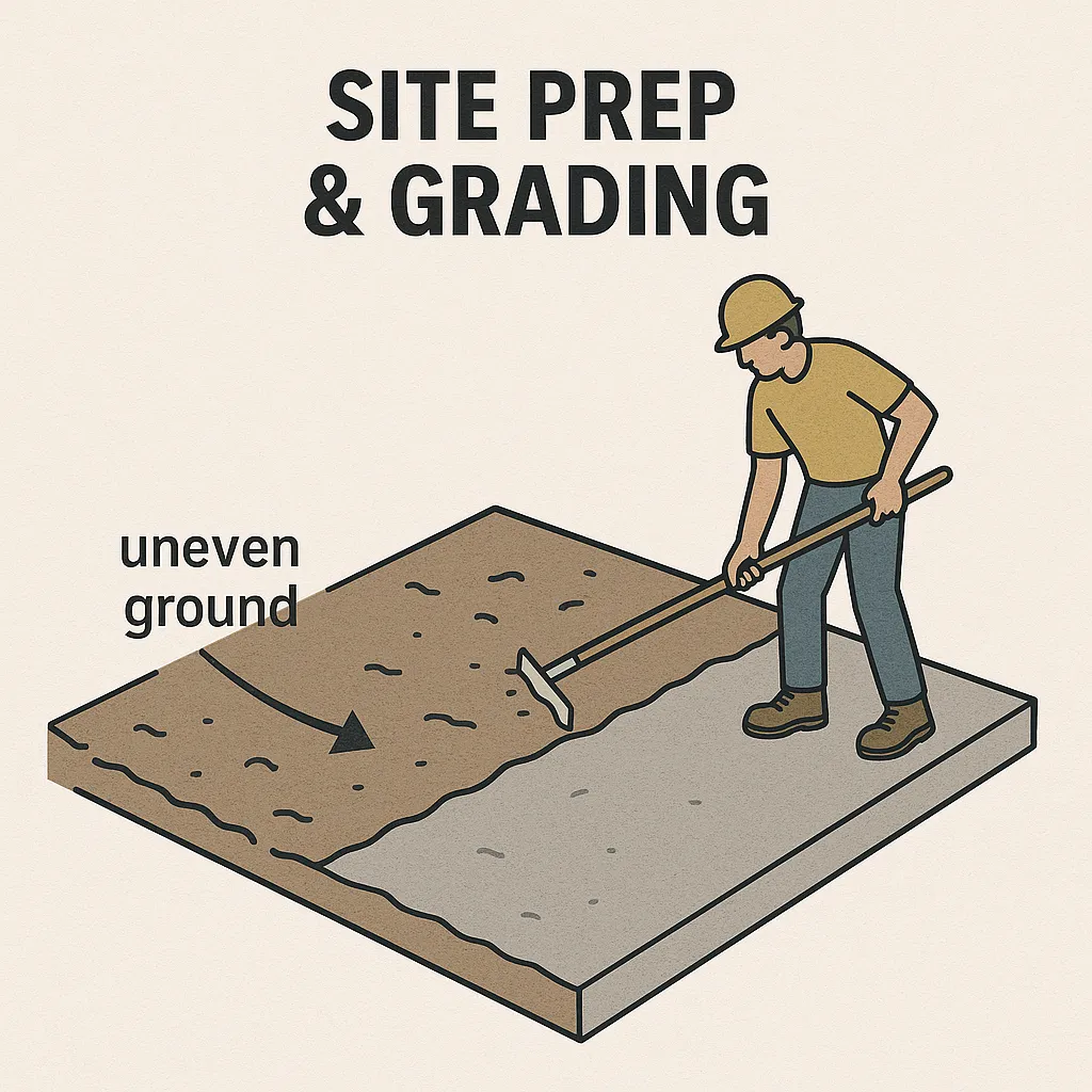 Graded patio area with compacted gravel base ready for concrete pour