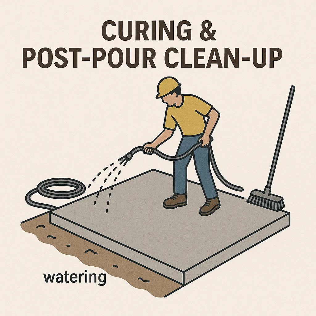 Freshly poured patio covered with curing blankets and sealant being applied