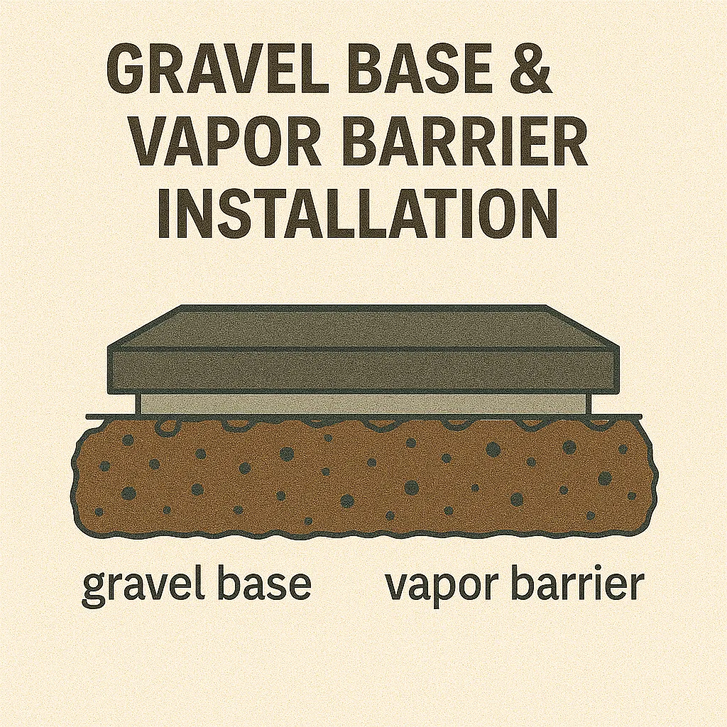 Cross-section diagram showing gravel base and vapor barrier beneath a concrete slab.