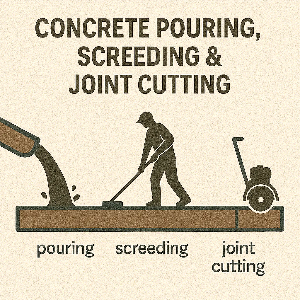 Step-by-step illustration showing concrete being poured, screeded, and control joints being cut.