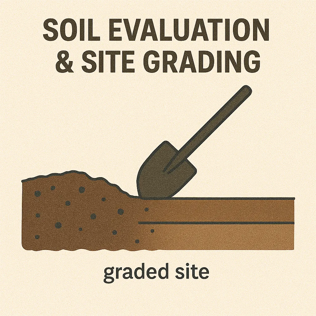 Illustration of soil being graded with a shovel to create a level base for construction.