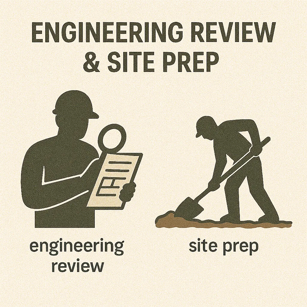 Split-panel illustration showing an engineer reviewing blueprints and a worker performing ground prep with a shovel.