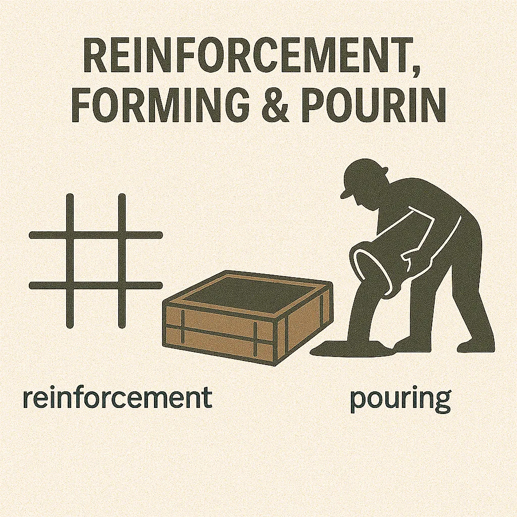 Three-stage diagram showing a rebar grid for reinforcement, a wooden concrete form, and a worker pouring concrete from a bucket.