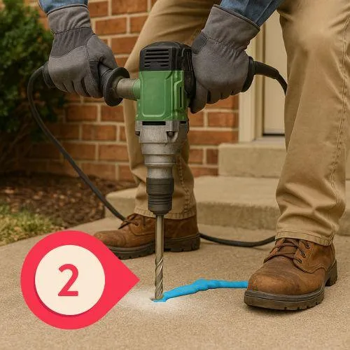 echnician drilling access holes for mudjacking under a sunken driveway slab