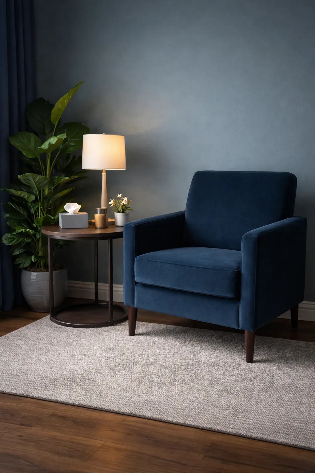 Warm, modern psychotherapy setting with soft neutral tones