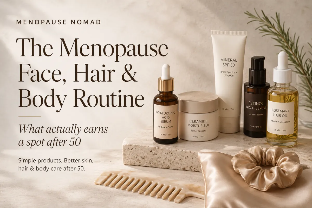 The menopause morning routine that actually works — face, hair, body, plus the silk pillowcase verdict and the $12 body cream nobody talks about.