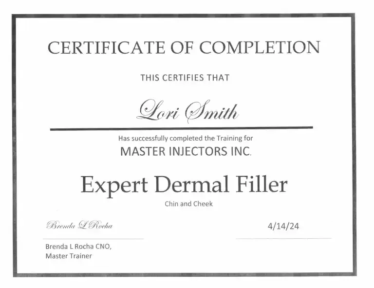 Certification of completion for Lori Smith, RN from Master Injectors Inc for Expert Dermal Filler
