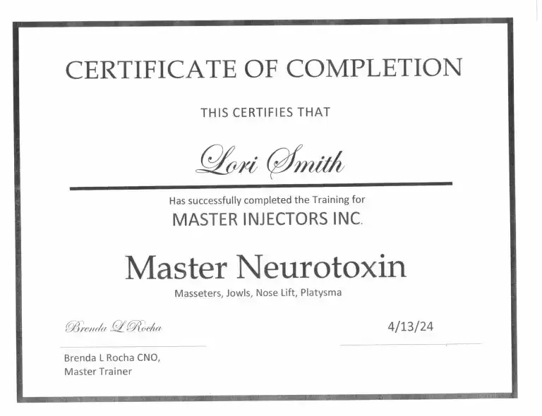 Certification of completion for Lori Smith, RN from Master Injectors Inc for Master Neurotoxins