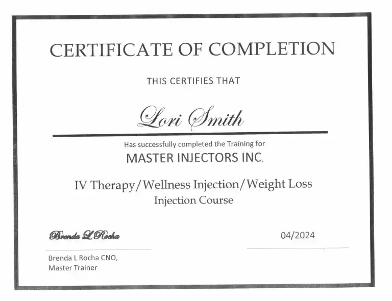 Certification of completion for Lori Smith, RN from Master Injectors Inc for IV therapy, wellness injections, and weight loss injections