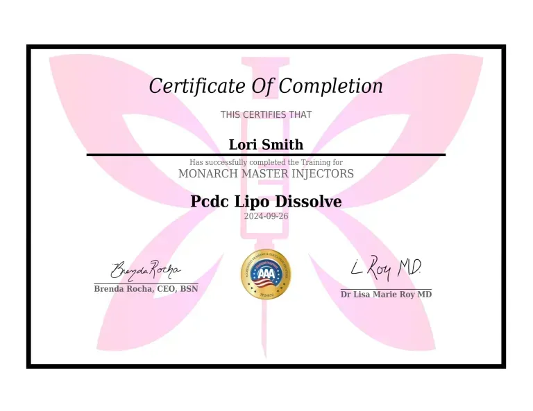 Certification of completion for Lori Smith, RN from Master Injectors Inc for PCDC Lipo-dissolve (Fat dissolve)