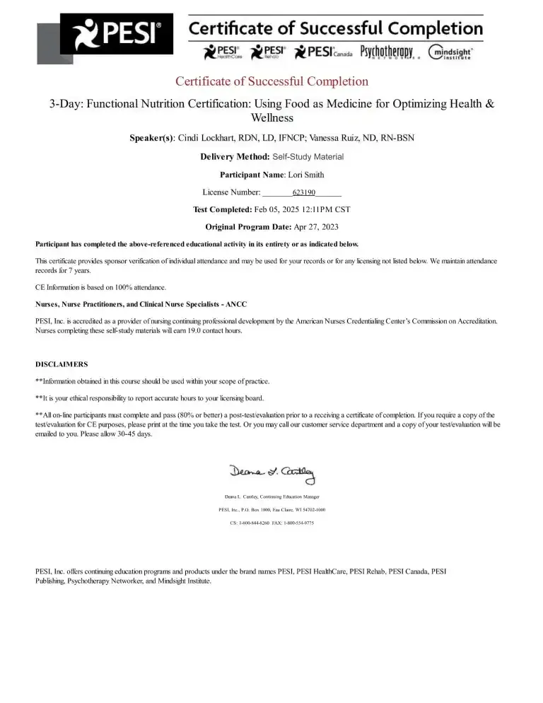 Certification of completion for Lori Smith, RN from PESI for Functional Nutrition Certification