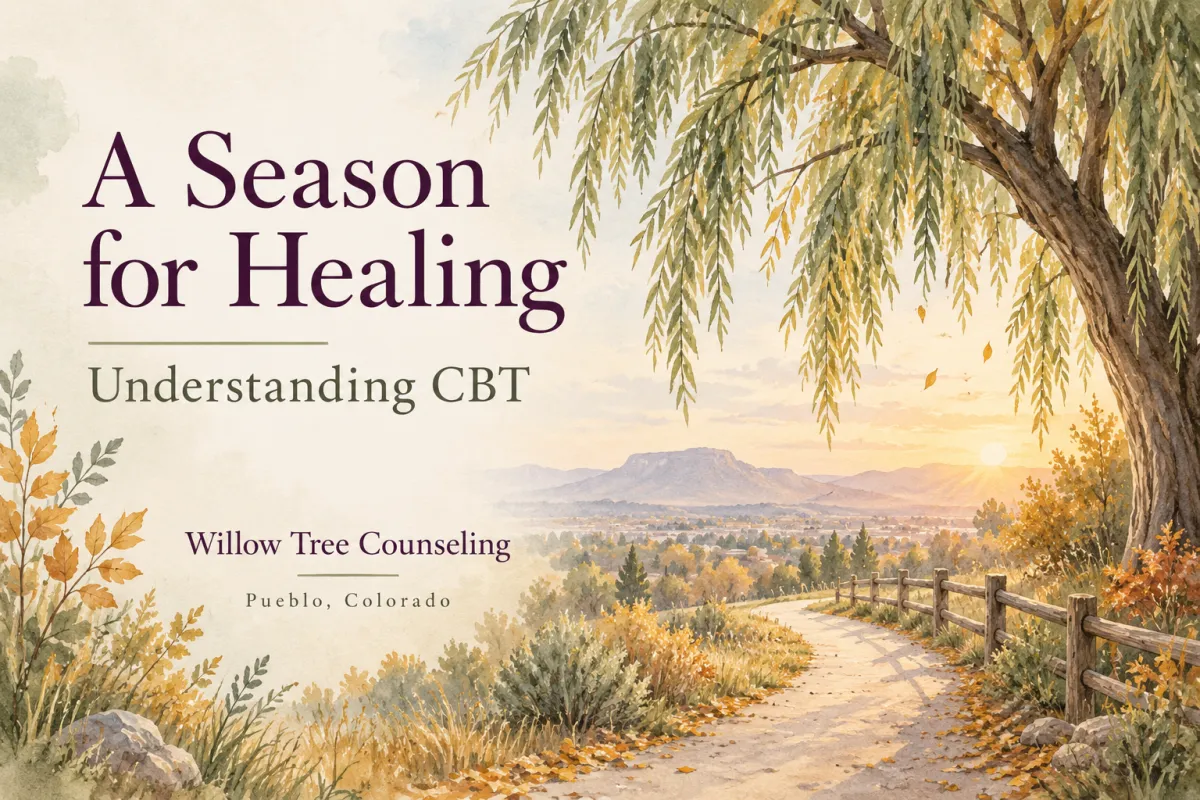 Watercolor willow tree and autumn path with A Season for Healing — Understanding CBT, Willow Tree Counseling, Pueblo, Colorado.