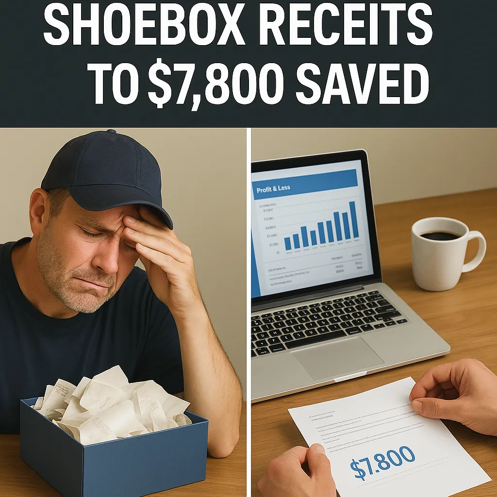 Before and after image showing how a truck driver saved $7,800 by organizing his bookkeeping.