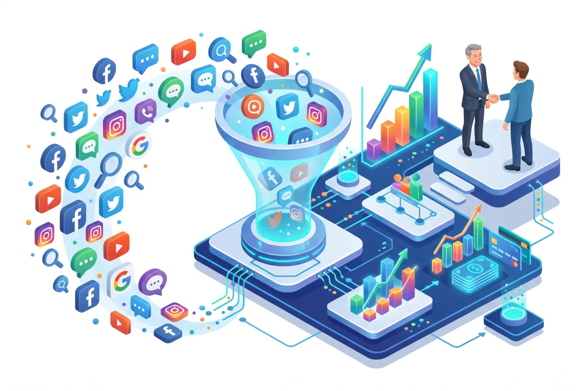 Ilustración isométrica de un ecosistema de marketing digital estructurado, mostrando cómo el uso de un CRM convierte el tráfico de redes sociales en un canal de ventas exitoso para empresas.