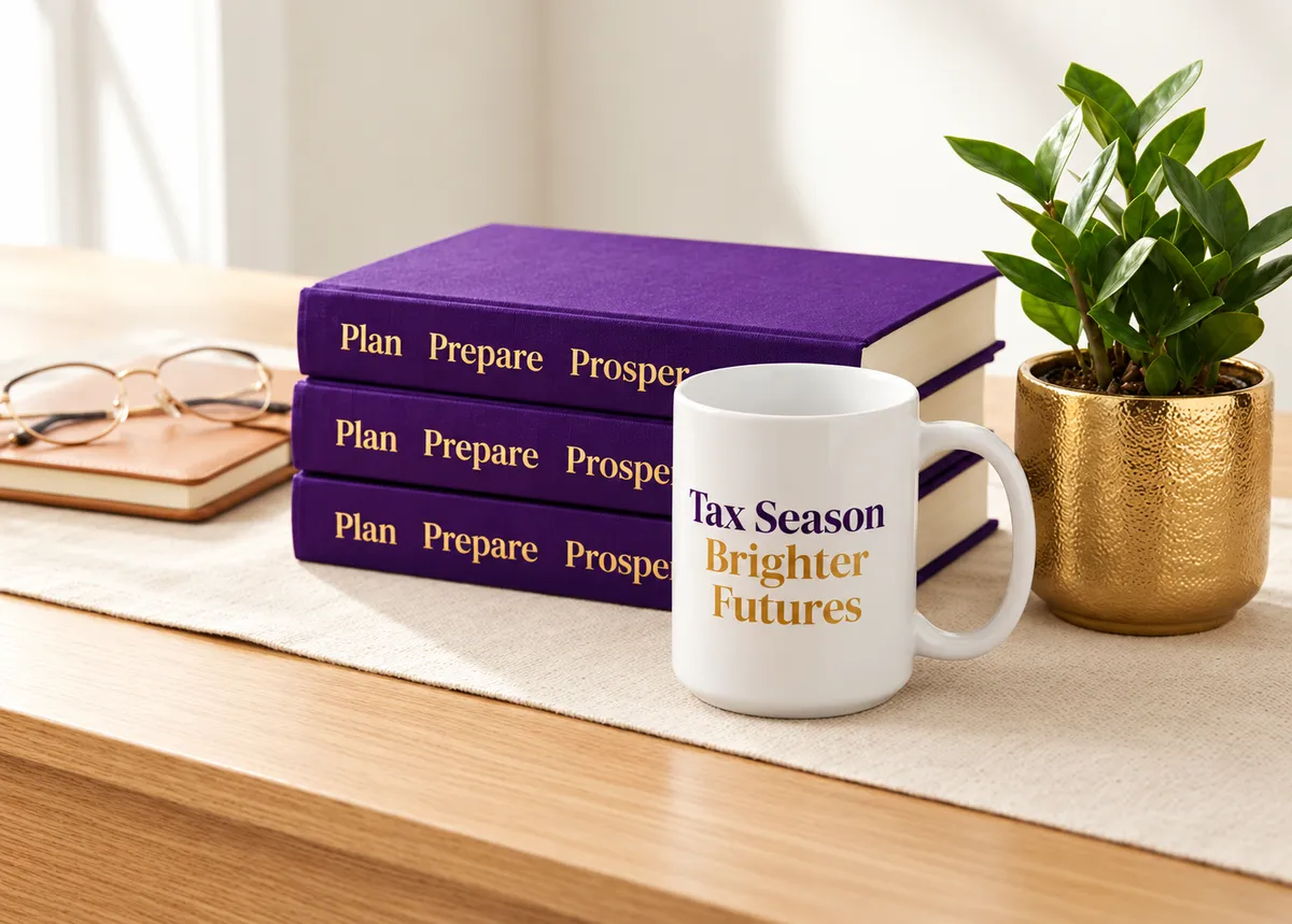 Graphic arrangement of maroon books titled 'Plan Prepare Prosper', a white mug reading 'Tax Season Brighter Futures', and a gold potted plant.