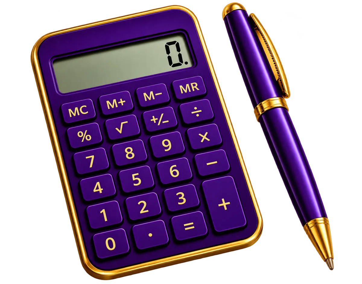 A standard desktop calculator, angled slightly on an office desk
