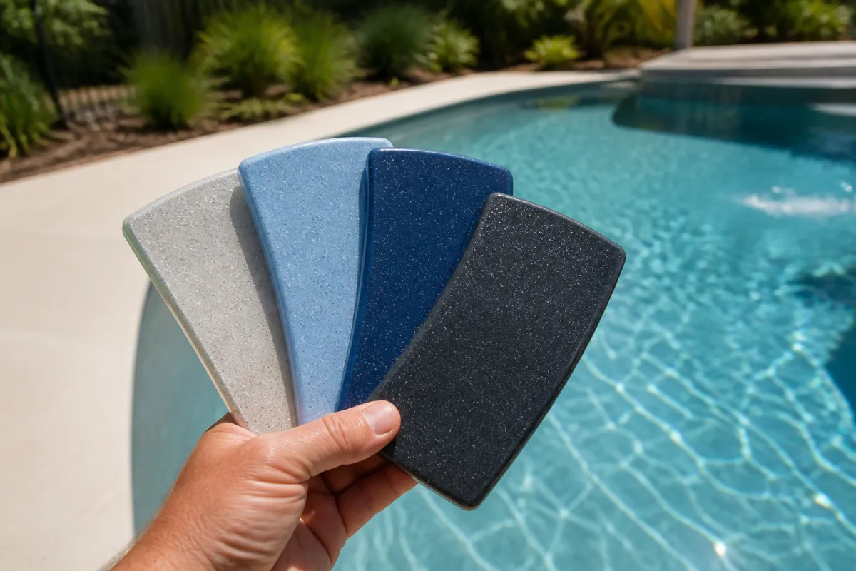 Fibreglass pool colour samples beside a completed swimming pool